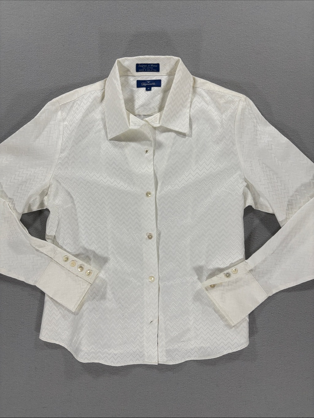 Facconnable ivory white tailored dress shirt herringbone texture M France